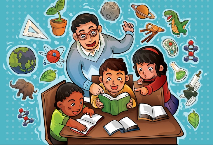 A graphic image of a father assisting his three children in their learning, by standing behind them supervising.